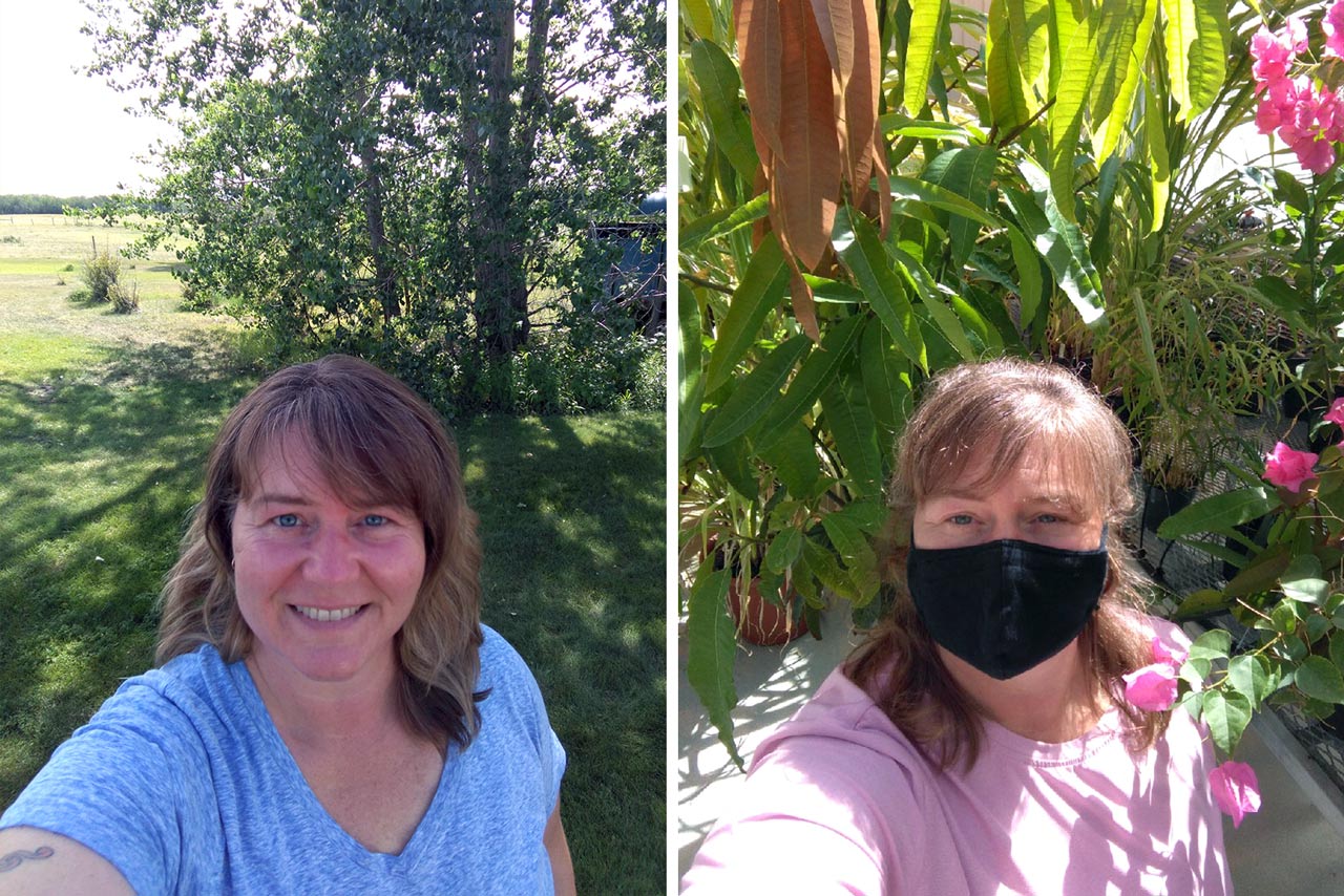 Sue Johnson at home (left) and at work in the tropical greenhouse room of the Collaborative Science Research Building at the University of Saskatchewan.